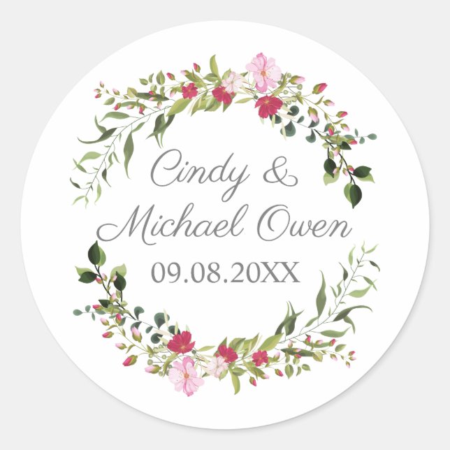 Sticker Rond Romantic Wreath in Red and Pink for Wedding Gift (Devant)