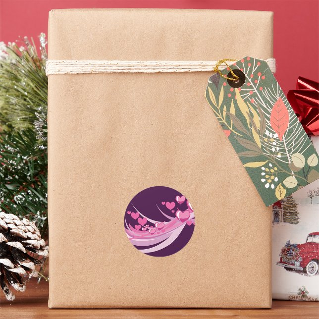 Sticker Rond Romantique Abstrait Coeurs Rose Design Sur Violet (Créateur téléchargé)