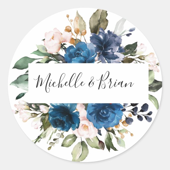 Sticker Rond Romantique aquarelle rose florale bleu marine blus (Devant)
