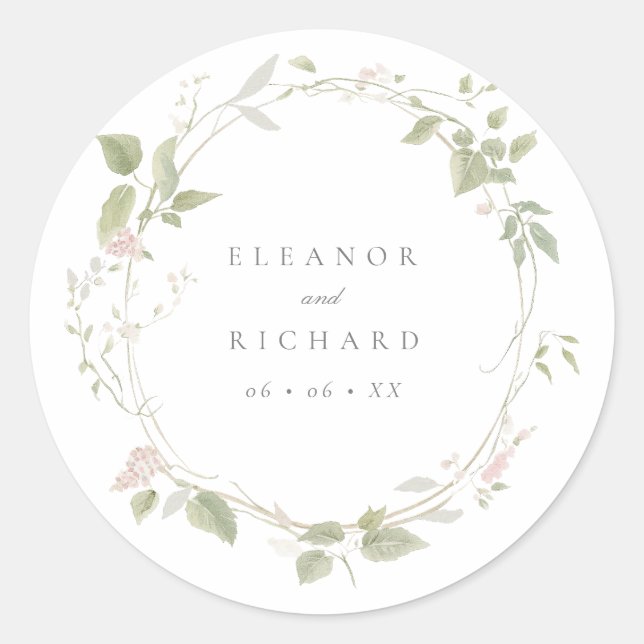 Sticker Rond Romantique Blush & Green Floral Wreath Mariage (Devant)