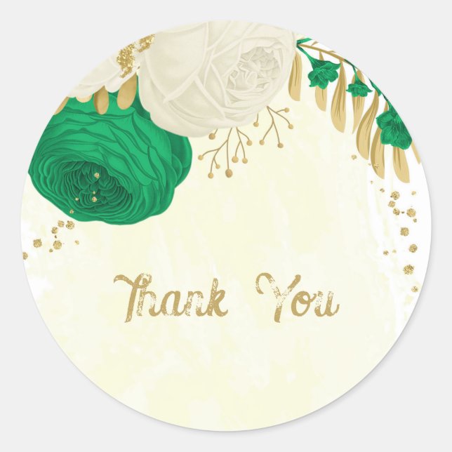 Sticker Rond Romantique émeraude vert & blanc fleurs mariage (Devant)