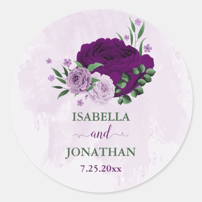 Sticker Rond Romantique fleurs violet vert mariage (Devant)