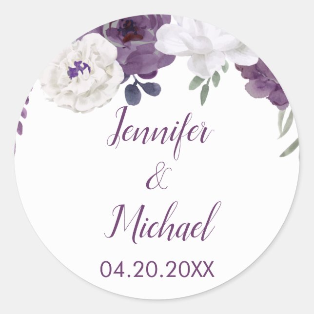 Sticker Rond Romantique Floral Purple Argent Personnaliser Mari (Devant)