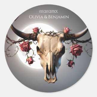 Sticker Rond Romantique Médiéval Mariage crâne de vache florale