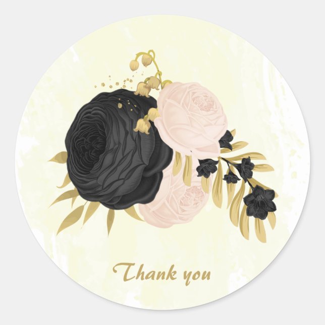 Sticker Rond Romantique noir & rose fleurs or mariage (Devant)