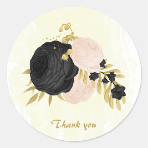 Sticker Rond Romantique noir & rose fleurs or mariage
