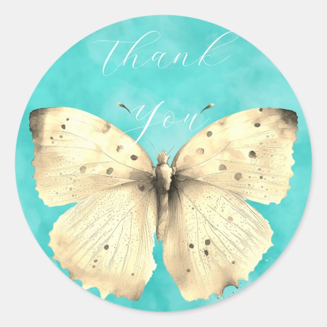 Sticker Rond Romantique papillon bleu clair merci (Devant)