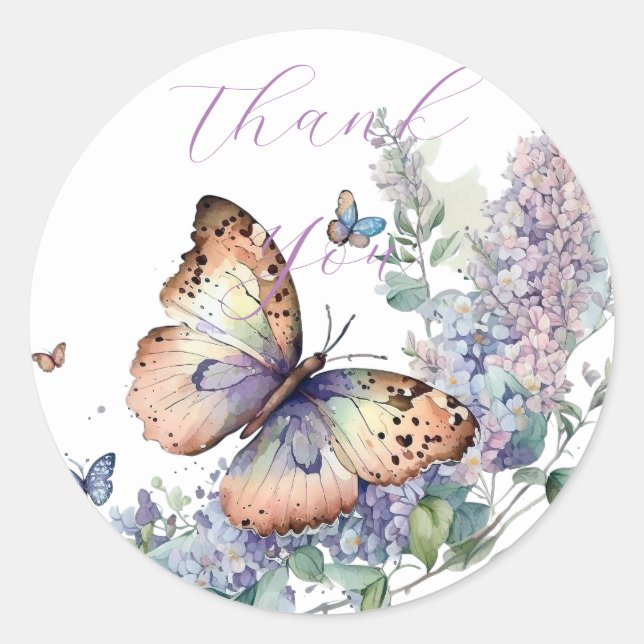 Sticker Rond Romantique papillon lilas merci (Devant)