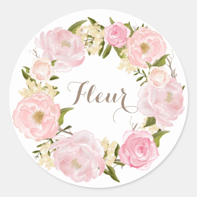 Sticker Rond Romantique Peonies roses Wreath Personnalisé (Devant)