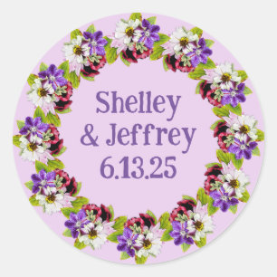Sticker Rond Romantique Purple Daisy Mariage Floral Wreath
