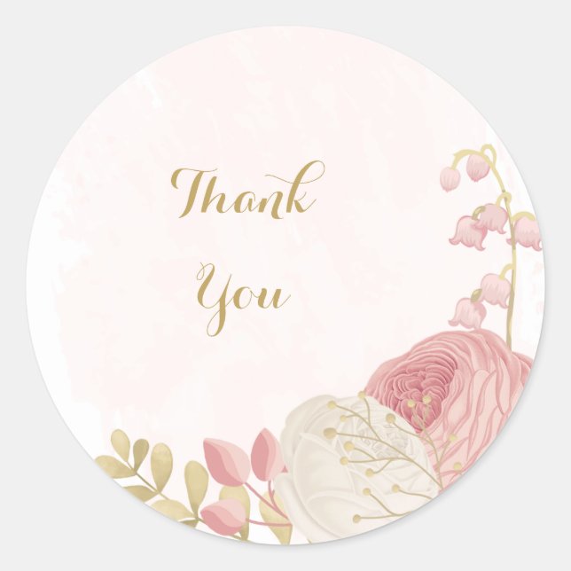 Sticker Rond Romantique rose & fleurs blanches or mariage (Devant)