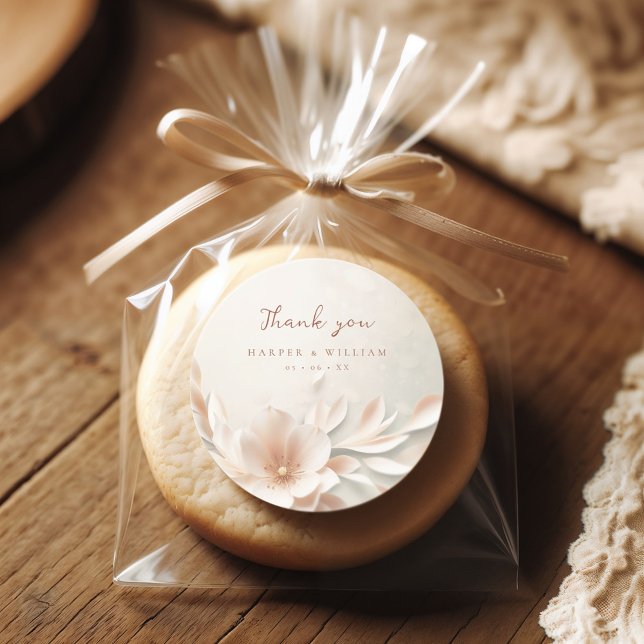 Sticker Rond Romantique rose mariage floral merci (Thank you sticker with blush pink/ beige floral print)