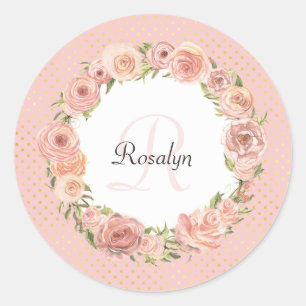 Sticker Rond Romantique rose pointillé Rose Floral Nom Monogram