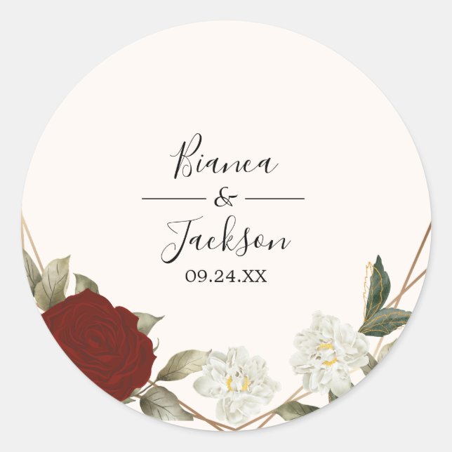 Sticker Rond Romantique Rose rouge profond Floral Mariage d'hiv (Devant)