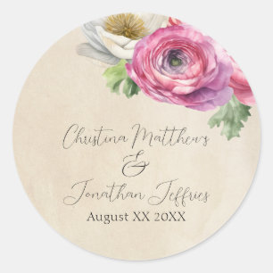 Sticker Rond Romantique Rustique rose & blanc Ranunculus