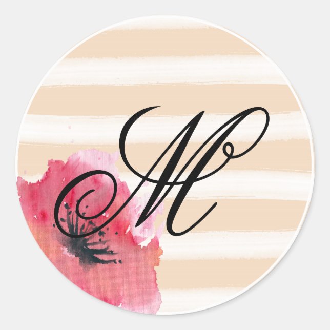 Sticker Rond Romantique Simple Stripes Floral Monogramme Script (Devant)