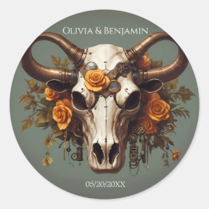 Sticker Rond Romantique Steampunk Floral Vache Mariage crâne