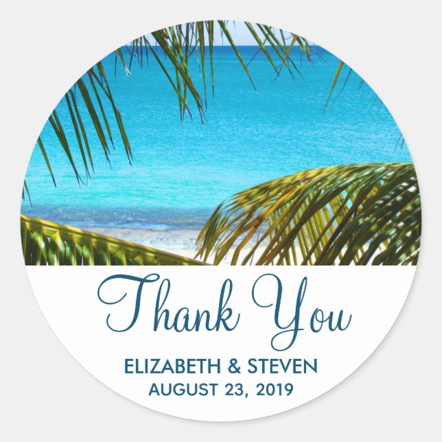 Sticker Rond Romantique Turquoise Tropical Beach Mariage Merci (Devant)