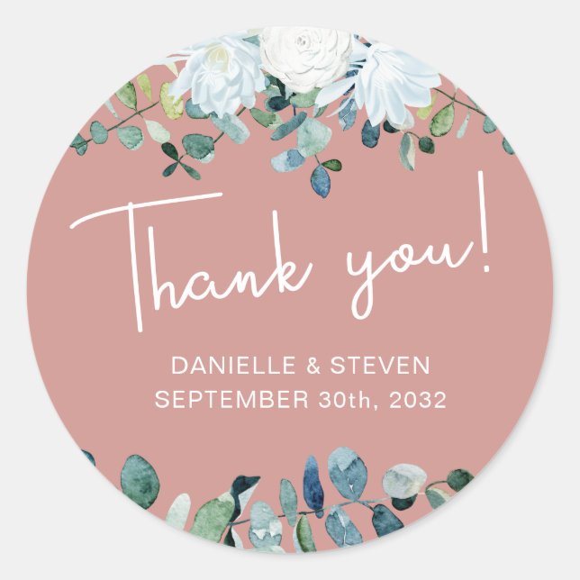 Sticker Rond Romantique vert eucalyptus noms & date mariage (Devant)