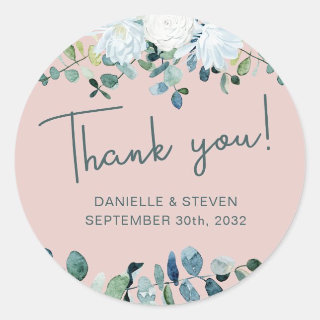 Sticker Rond Romantique vert eucalyptus noms & date mariage (Devant)