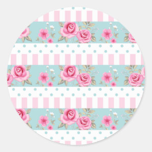 Sticker Rond Romantique Vintage rose & Mint Floral Rose Motif