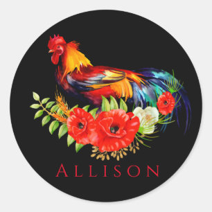 Sticker Rond Rooster avec des pavots Rouge Noir Personnalisé