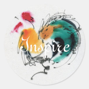 Sticker Rond Rooster coloré. Calligraphie et aquarelle.