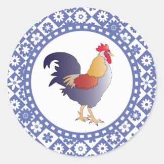 Sticker Rond Rooster et Fleurs français bleu et blanc rétro