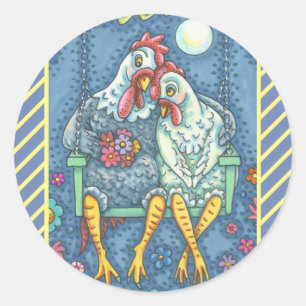 STICKER ROND ROOSTER & HEN LOVERS, BÂTIMENTS EN POULET FEUILLE 