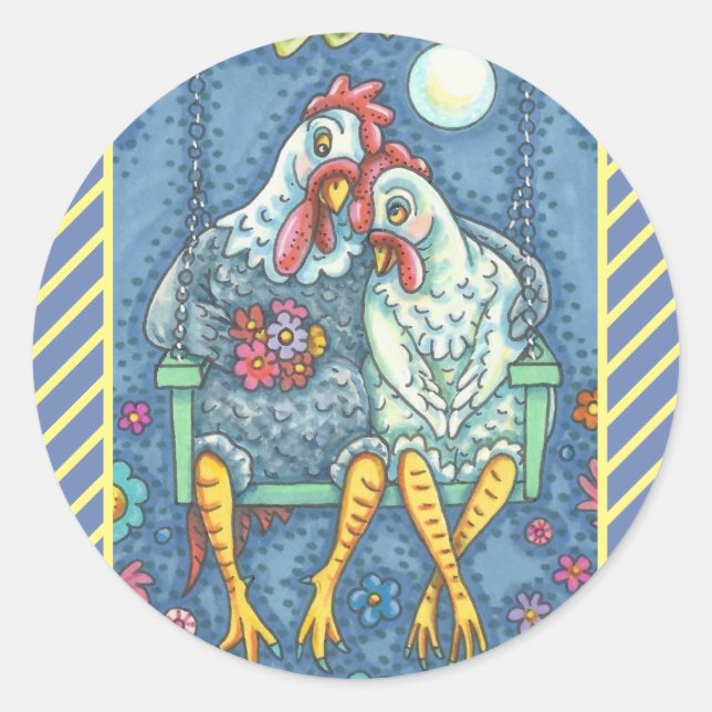STICKER ROND ROOSTER & HEN LOVERS, BÂTIMENTS EN POULET FEUILLE  (Devant)