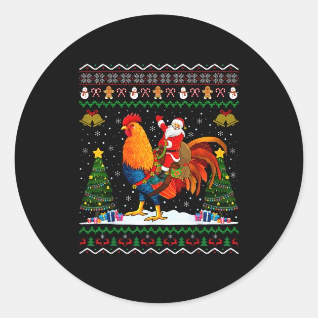 Sticker Rond Rooster Ugly Xmas Gift Santa Riding Rooster Christ (Devant)