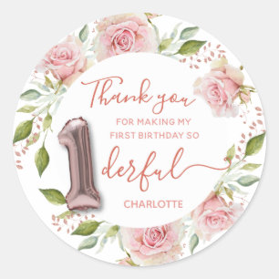 Sticker rond rose 1er Merci d'anniversaire classiq