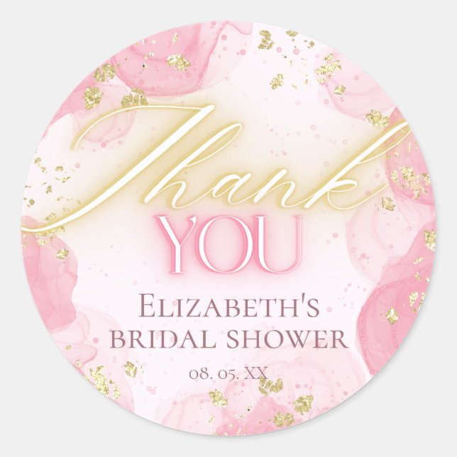 Sticker Rond Rose aquarelle et paillettes dorées Élégant Merci (Devant)