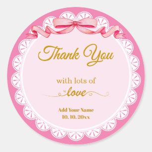 Sticker Rond Rose aquarelle "Merci" avec dentelle et ruban