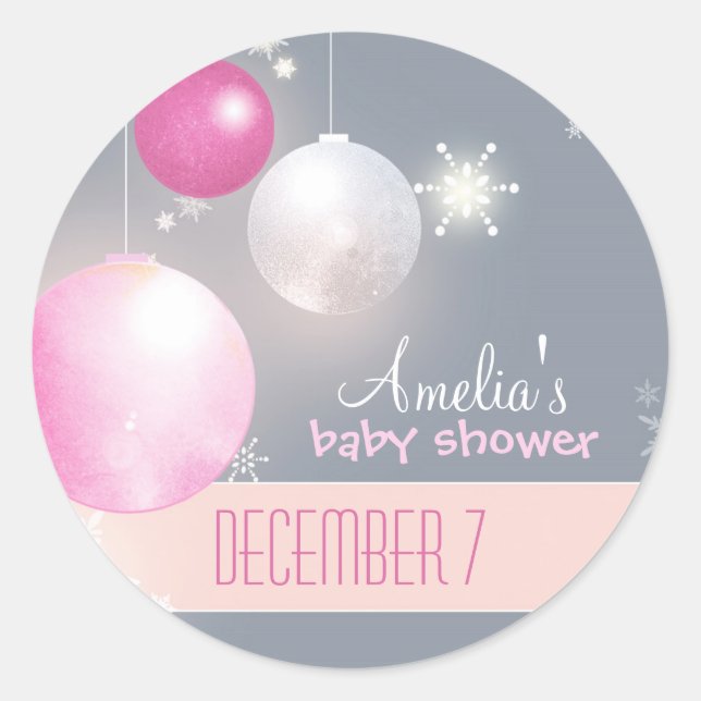 Sticker Rond Rose Argent gris hiver bébé fille douche (Devant)