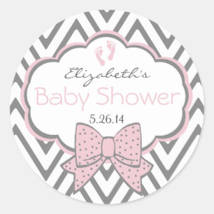 Sticker Rond Rose avec Baby shower Chevron Gris