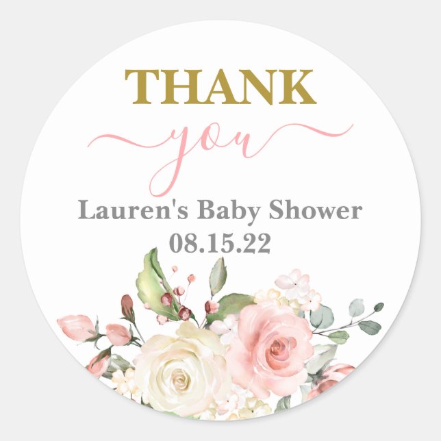 Sticker rond rose Baby shower floral fille classiq (Devant)