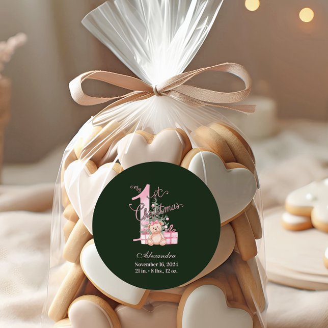 Sticker Rond Rose Bébé Vert Premier Noël (Créateur téléchargé)