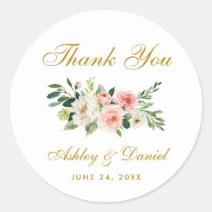Sticker Rond Rose Blanc Blanc Or Floral Mariage Merci L