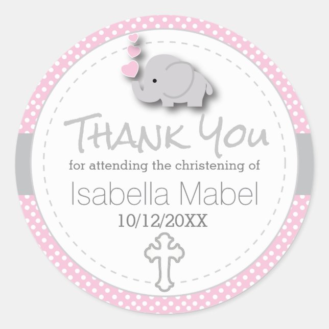 Sticker Rond Rose, Blanc Grey 🐘 Eléphant Bébé Christening (Devant)