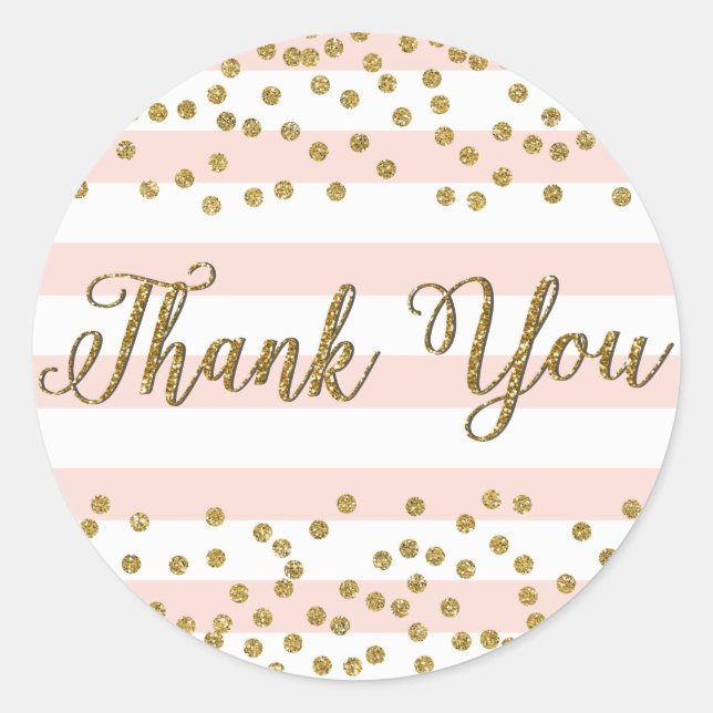 Sticker Rond Rose Blanc Rayure Or Confettis Remerciement (Devant)