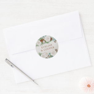 Sticker Rond Rose blanche d'hiver et cône de pin Personnalisé