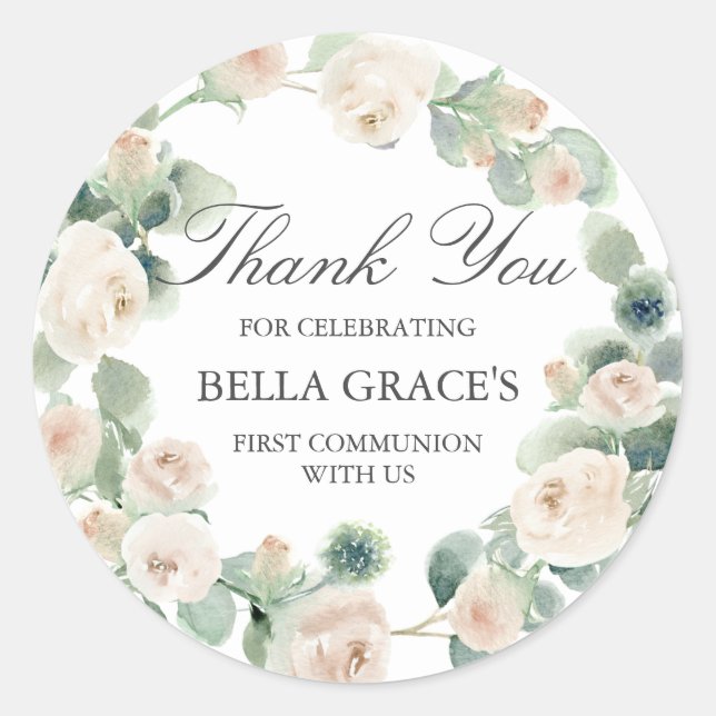 Sticker Rond Rose Blanche Florale Première Communion Merci (Devant)