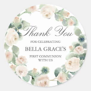 Sticker Rond Rose Blanche Florale Première Communion Merci