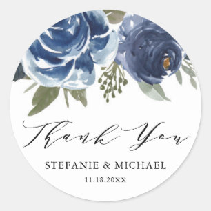 Sticker Rond Rose bleu aquarelle et Merci Mariage Peony