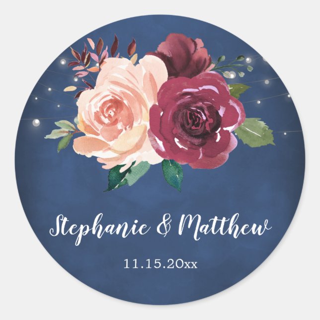 Sticker Rond Rose bleu bleu marine Bourgogne à chaîne Mariage (Devant)
