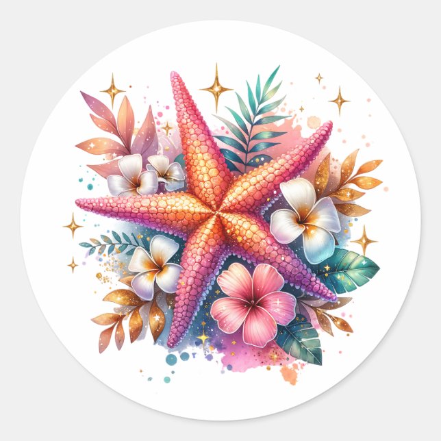 Sticker Rond Rose, Bleu et Étoile de Mer Côtière Dorée (Devant)