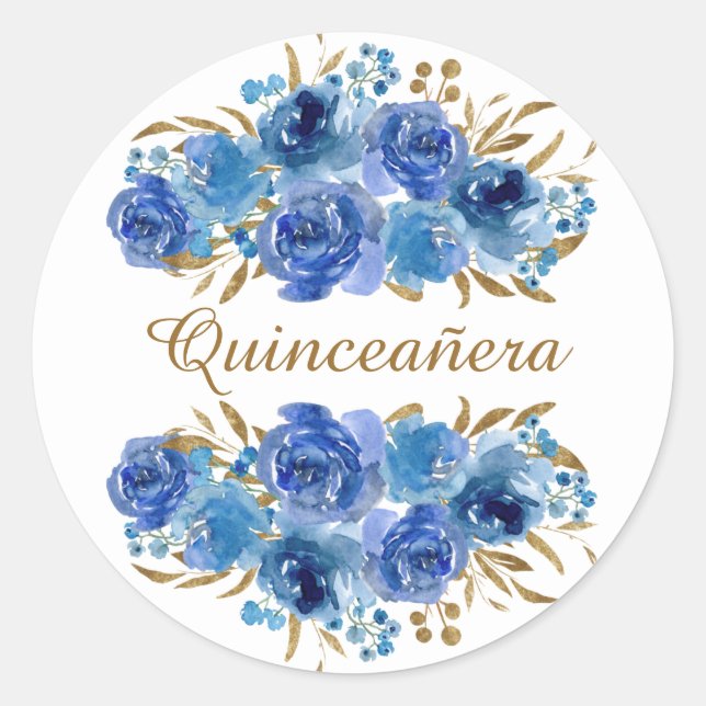Sticker Rond Rose bleu et feuille or Quinceanera (Devant)