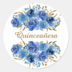 Sticker Rond Rose bleu et feuille or Quinceanera