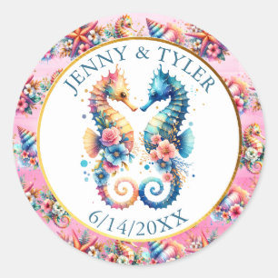 Sticker Rond Rose, Bleu et Or Dollar de Sable Côtier Plage